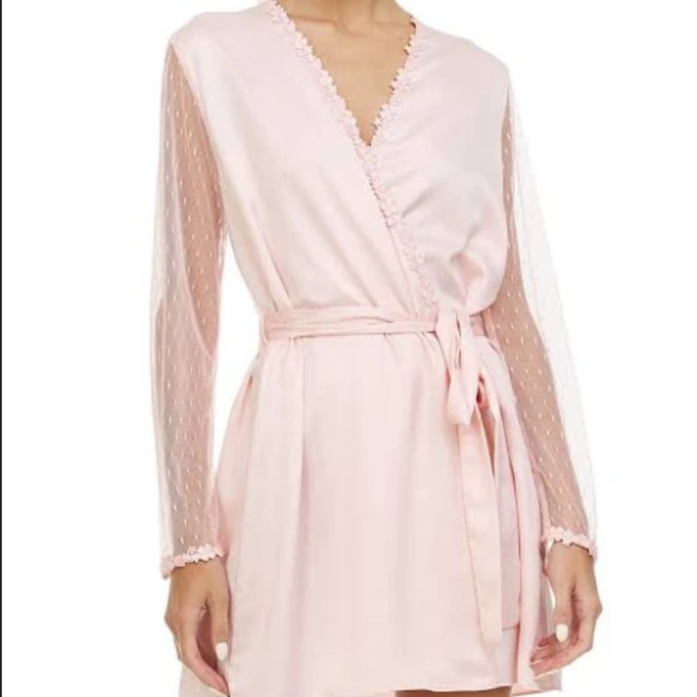 NEW Flora Nikrooz Robe Pink Lace Showstopper Sheer Floral Long Sleeve L/S Large